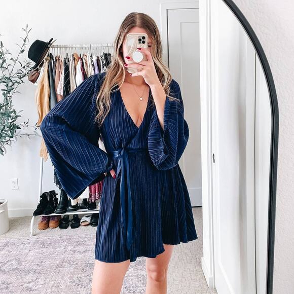 L'ACADEMIE Revolve Florence Navy Pleated Mini Wrap Dress - Picture 1 of 15